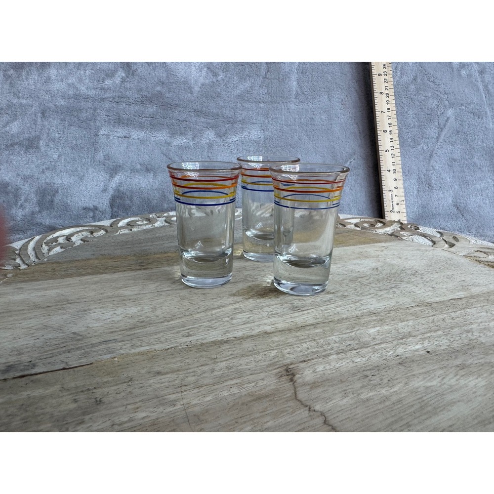 Vintage Style Multicolor Striped Shot Glass Set of 3 Clear MCM Barware 3in